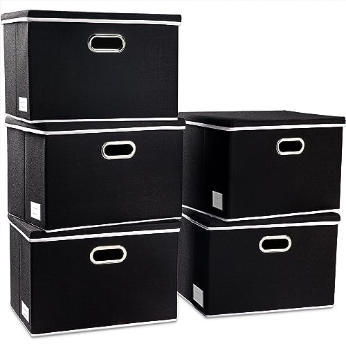 PRANDOM Extra Large Collapsible Storage Bins with Lids [5-Pack] Linen Fabric Foldable Storage Baskets Boxes Organizer Containers Cube with Cover for Bedroom Closet Office Nursery (22.8x15.75x13.8) - color: Black, size: XXL (5-Pack)