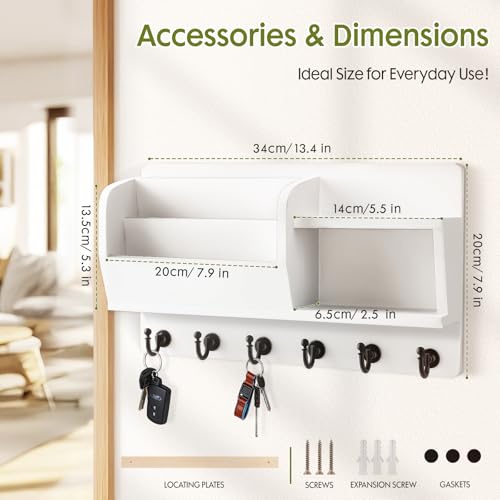Key Holder Wall Mount, Key and Mail Holder for Wall with 6 Key Hook and Double Shelf, Mail Organizer Wall Mounted with 3-Tier Sortable Mail Slots, Key Rack for Entryway and Home Decor (White)