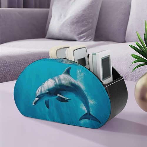 PU Leather Remote Control Organizer Box 5-Slot Multifunctional Swimming Dolphin in Blue Sea Storage Holder for TV/DVD/Accessories Stylish Desk Decor for Living Room, Bedroom, Office - color: Swimming Dolphin in Blue Sea