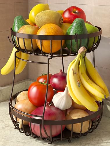 Sevenblue 2 Tier Fruit Basket for Kitchen Counter with 2 Banana Hangers, Metal Stackable Fruit Bowl for Kitchen Counter for Bread Vegetable Fruits, Brown - color: Brown, size: 2 Tier