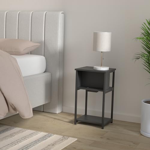 VASAGLE Side Table with Charging Station, 3-Tier End Table with USB Ports and Outlets, Nightstand for Living Room, Bedroom, 11.8 x 13.4 x 22.8 Inches, Plug-in Series, Black - color: Black