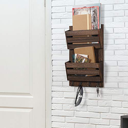 BTY Mail Holder for Wall, Wooden Mail Sorter with 4 Key Hooks, 2 Slot Wall Mounted Mail Sorter Letter Bills Newspaper Magazine Organizer for Entryroom Hallway Office Garage, Rustic Brown - color: Dark Brown