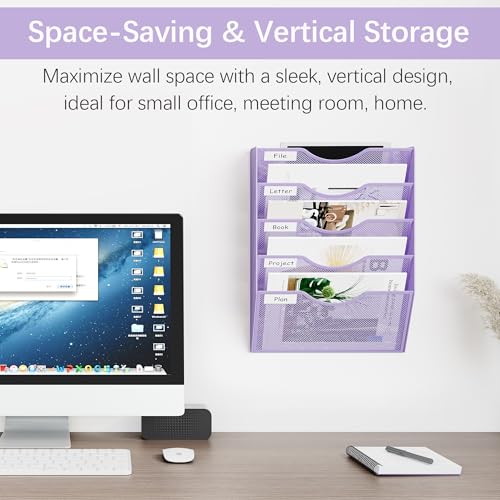 EasyPAG Wall File Organizer 5 Tier Hanging Paper Folder Holder, Zero Assembly Metal Mesh Wall Mounted Mail Organizer for Office Home Classroom Narrow Spaces, Puple - color: Purple, size: 5 Tier
