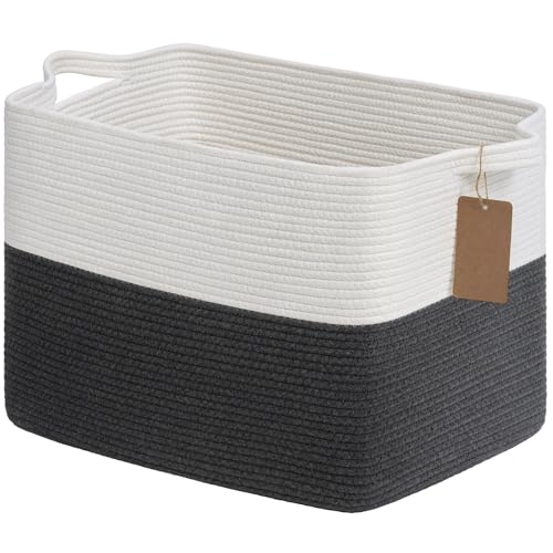 Goodpick Woven Storage Baskets for Organizing, 18" x 14" x 12" Baby Laundry Blanket Toy Basket for Living Room, Rectangle Cotton Rope Baskets with Handles, Dark Gray - color: Dark Gray, size: 18"L x 14"W x 12"H