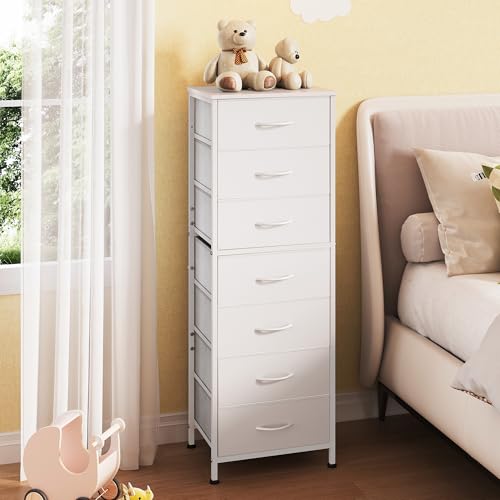 WLIVE White Tall Dresser for Bedroom, 7 Drawer Dressers & Chests of Drawers, Fabric Dresser for Closet, Living Room, Night Stand with Metal Frame, Storage Tower with Fabric Bins, Wood Top - color: White, size: 11.73"D x 15.67"W x 45.28"H