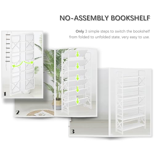 4NM Extra Wide 6 Tiers No Assembly Book Shelves, 61.8" H Folding Bookshelf Bookcase Open Industrial Foldable Shelves for Bedroom, Living Room, Home Office - All White - color: All White, size: Wide XX 6-Tier