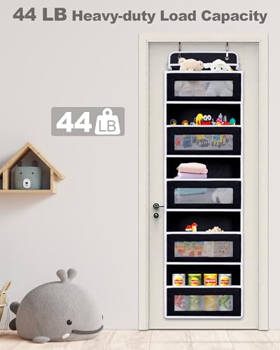 Over The Door Organizer, Reinforced Composite Fabric with Reinforced Stitching and Anti-Sag Structure, 44LB Capacity, 5 Large Pockets & 10 Mesh Pockets for Bathroom, Nursery & Laundry Room (Black) - color: Black