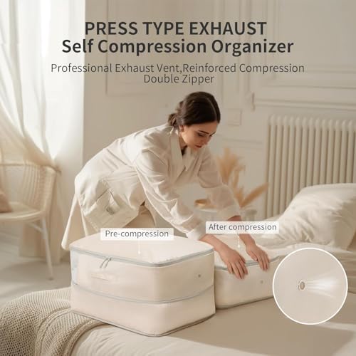 DIMJ Comforter Storage Bag 4 Pack - Blanket Storage Organizer Compression Bags, Large Capacity Ultra Space Saving Self Compression Organize for Bedding, Pillow, Duvet, Sheet Storage with Zipper Window - color: Beige, size: 66L x 4 Pack