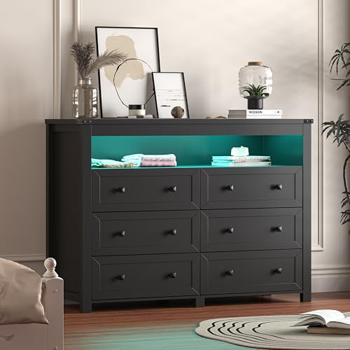 Dresser for Bedroom with 6 Drawers, Wide Chest of Drawers with LED Light and Power Outlet, Wooden Closet Organizer Clothes Storage Cabinet, Modern Double Dressers for Living Room, Hallway, Black - color: Black, size: 15.8"D x 47.2"W x 39.4"H (6 Drawers)