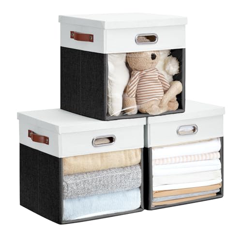Ultra Thick Fabric Storage Cubes with Lids & Windows, 13-Inch Foldable Closet Storage Bins with 3 Handles, Home Decorative Boxes for Bedroom, Living Room, Dorm, Office (Balck & White) - color: Balck&White, size: 13"L x 13"W x 13"H