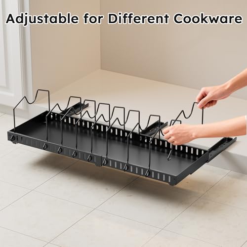 DTUQYX Pull-out Pots and Pans Organizer Under Cabinet - 1 Pack Expandable Pot and Pan Organizer Rack with 12 Adjustable Dividers for Pot, Cutting Board, Dishes, Lid, Baking Tray