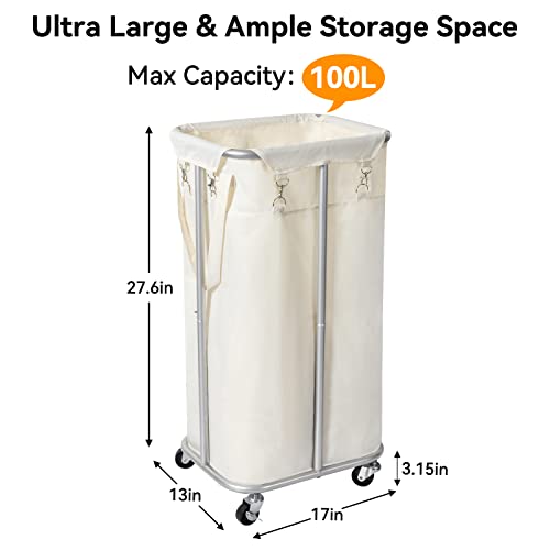 WOWLIVE 100L Rolling Laundry Hamper with Wheels Large Basket Organizer Laundry Cart with Steel Frame and Removable Bag Foldable Tall Dirty Clothes Hamper Dorm Room Storage for Bedroom (Light Beige) - color: Light Beige, size: 100L (17.0×13.0×30.8in)