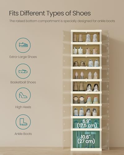 SONGMICS Foldble Shoe Storage Organizer for Closet, Stackable Sneaker Cabinet with Magnetic Door, Large Plastic Container Bins for Living Room, Entryway, 9-Tier for 18 Pairs, Cream White ULSP918WD01 - color: Cream White, size: 9 Tiers (18 Pairs)