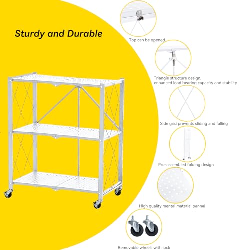 BRIAN & DANY 3-Tier Foldable Storage Shelves with Wheels, No Assembly Folding Shelf Metal Rack, Shelving Unit for Kitchen, Garage, White - color: White, size: 3-tier