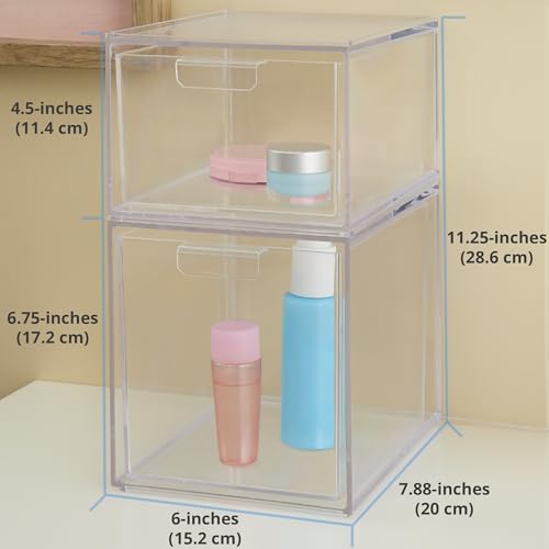 STORi Audrey Stackable Clear Bin Plastic Organizer Drawers | 2 Piece Set | Organize Cosmetics and Beauty Supplies on a Vanity | Made in USA - size: 4.5" and 6.75" Tall Set