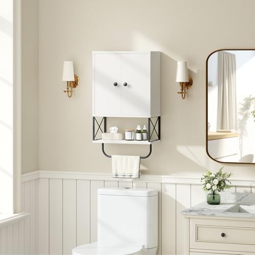MAHANCRIS Bathroom Wall Cabinet with 2 Door and Adjustable Shelf, Farmhouse Medicine Cabinet with Towel Rack, 3-Tier Wall Mounted Storage Cabinet Over The Toilet for Bathroom Laundry Room, White - color: White, size: 15"L x 7.9"W x 26.1"H