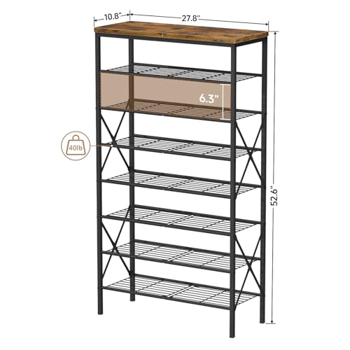 8 Tiers Tall Shoe Rack Organizer, Large Capacity Shoe Rack Holds 32 Pairs of Shoes, Durable and Stable, Adjustable Metal Shelf Stackable Shoe Shelf for Entryway, Hallway, Living Room, Closet - color: Rustic Brown, size: 27.8" x 10.8" x 52.6"