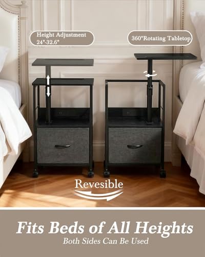 Faesun Swivel Lift Top Nightstand with Charging Station, Rolling Side Table for Recliner, Bedside Table with Wheels & a Fabric Drawer, for Small Spaces, for Bedroom, Living Room, Black Gray - color: Black Gray, size: 1 Drawer