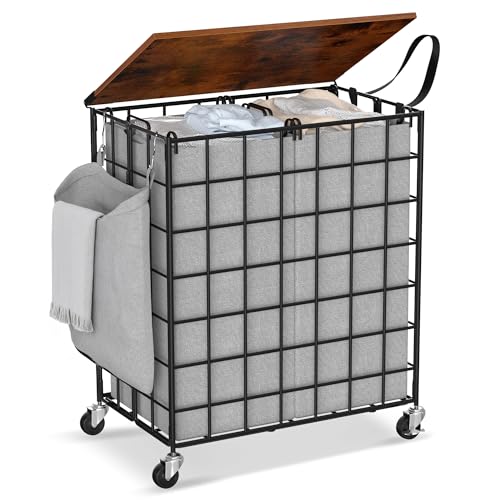 Laundry Basket with Wheels, Heavy Duty Laundry Sorter 2 Sections, Large Capacity 120L (32Gal.) Laundry Hamper with Wood Lid, 360 Rolling Wheels, Extra Side Pocket, Leather Pull Handle, Grey - color: Grey, size: 120L