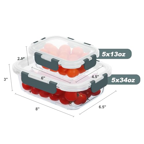 KOMUEE 10 Pack Glass Food Storage Containers, Meal Prep Containers with Lids, Airtight Glass Lunch Boxes, Freezer, Oven, and Microwave Safe - color: Gray