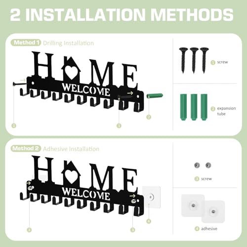 Key Holder Wall Mount, Metal Adhesive Key Hanger with 10 Hooks, 2 Installation Methods, Black - style: 10 Hooks