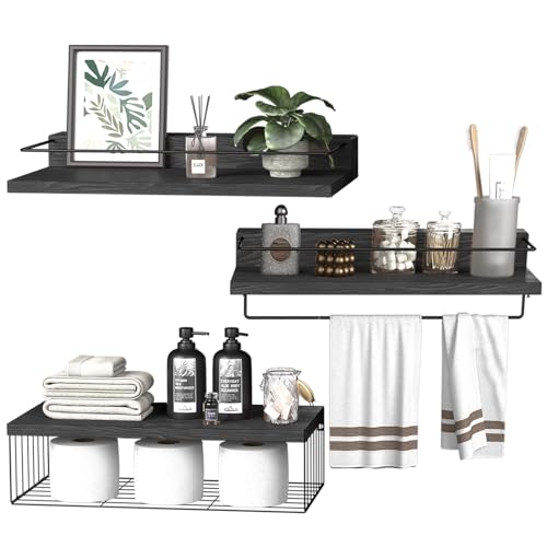 PopiShelves 22.5 inches Bathroom Shelves Over Toilet for Wall, Floating Shelves with Storage Basket Paper Holer for Kitchen Living Room, Bedroom & Classroom, Set of 3 (Black) - color: Black, size: 22.5"