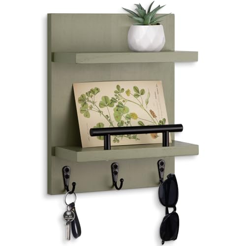 Key Holder Wall Mount, Mail Shelf Decor with 3 Key Hooks, Versatile Wood Wall Organizer for Entryway Hallway (8.2” x 10.6”x 3.6”) (Sage Green) - color: Sage Green