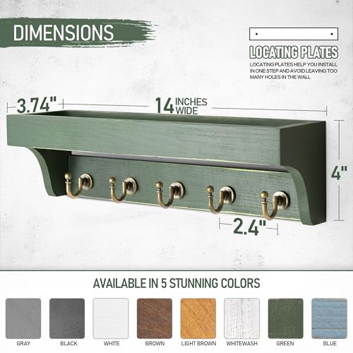 Rebee Vision Farmhouse Pine Wood Key Holder Wall Mount with Shelf for Home Improvement - Rustic Wall Mail Holder for Farmhouse Room Decor - Perfect Mail Organizer for Home (Green) - color: Green
