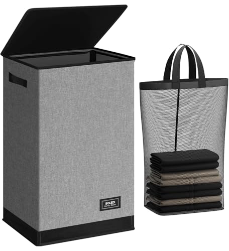 SOLEDI Laundry Hamper with Lid 90L Large & Tall Collapsible Laundry Basket, Clothes Hamper with Bag Removable Easy to Carry, Dirty Hampers for Bedroom, Bathroom, Dorm, College, Grey - color: Grey, size: 90L