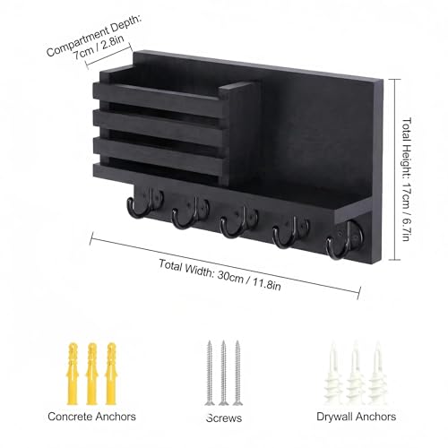 Wall Key and Mail Holder, Mail Organizer with 5 Metal Key Hooks, Selected Tung Wood, 11.8 x 6.7 inches, Includes mounting Hardware (Black) - color: Black