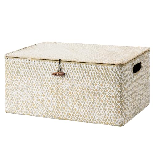 StorageWorks Wicker Baskets with Lid, Seagrass Storage Baskets for Shelves, Decorative Box with Built-in Handles,White - color: White(Seagrass), size: 15"L × 11"W × 7"H