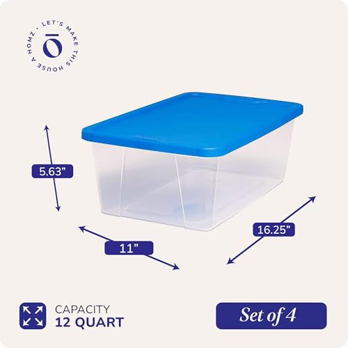 HOMZ 4-Pack Snaplock, Small Clear Plastic Storage Organizer Bins w/Lids, 12 Quart, Blue - Stackable Container Boxes for Bedroom, Bathroom, Garage, and Office Organization - color: Blue Lid, size: 12 QT (4 Pack)