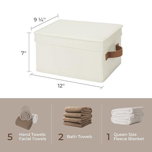 StorageWorks Storage Bins with Lids, Decorative Storage Boxes with Lid and PU Handles, Foldable Storage Baskets for Closet, Shelves, Stackable, Ivory, Medium, 3-Pack - color: Ivory, size: Medium
