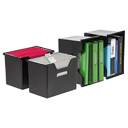 IRIS USA Large Portable Desktop File Box with Open Lid, 4 Pack, Side Handles, Hanging File Folders, Tabs & Inserts, Letter Size, Magazines, Newspapers, Mail, Books, Notebooks, Black - style: Black L - 4 Pack