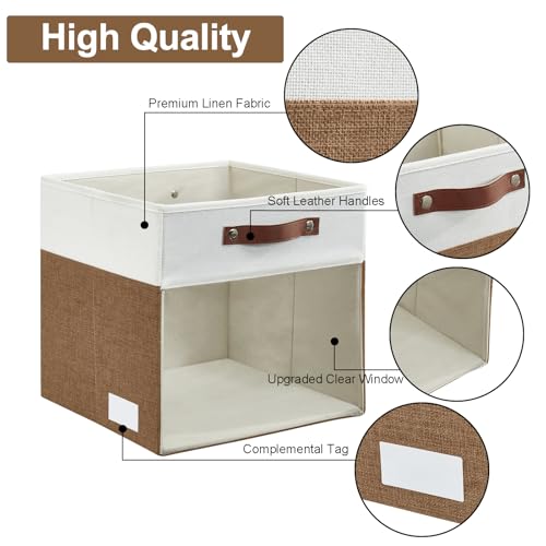 Bagnizer Storage Cubes, 4 Pack Linen Foldable Storage Bins (13 x 13 inch) with Clear Window and Handles, Fabric Organizer for Shelf Closet, Clothes, Books - (Brown and White) - color: Brown / Off-White, size: 13 x 13 x 13