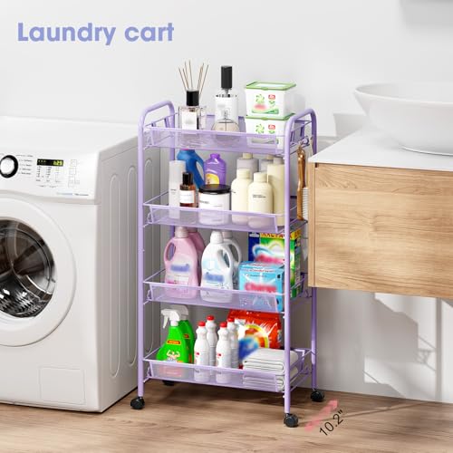 TOOLF 4-Tier Rolling Cart, Metal Utility Cart with 3 Hooks, Easy Assemble Mobile Storage Trolley On Wheels, Metal Shelving Units Kitchen Bathroom Laundry Room - color: Purple, size: 4-Tier