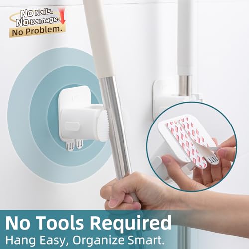 TAILI Mop and Broom Holder Wall Mount Grippers, 2 Hangers and 6 Adhesive Strips, Damage Free Hanging Wall Mount, Household Cleaning Organizer for Organization and Storage, Holds up to 4 lbs, White - color: White, size: 2 Pack