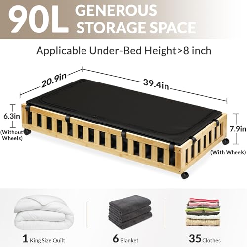 Gashell 2 Pack Bamboo Under Bed Storage with Wheels, 39”x20”x7.8” Lager Under Bed Storage Containers (Natural) - color: Natural