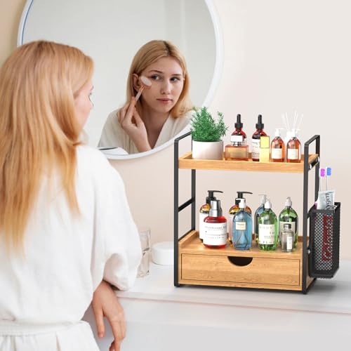 LEMIKKLE Bathroom Counter Organizer with Drawer and Basket,Wood Countertop Organizer for Bathroom Decor Makeup Tray for Perfume Skincare Bedroom Kitchen Corner - color: Light Brown With Drawer