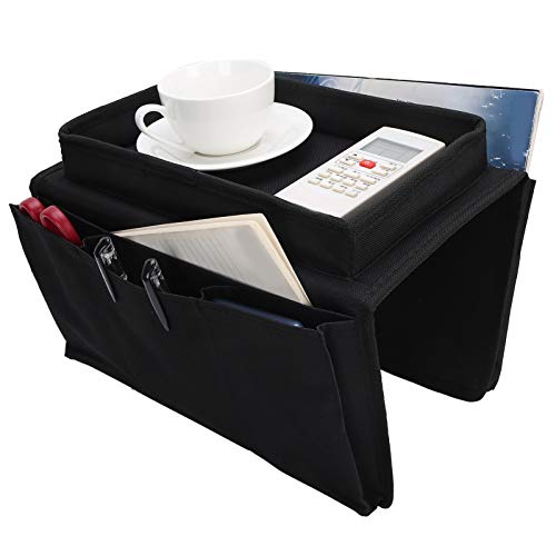 Sofa Armrest Organizer with Cup Holder Tray,4 Pockets Armchair Caddy Bedside Storage Pockets Bag 11.8x7.1x7.1inch TV Remote Control Organizer Armchair Couch Bag (Black) - color: Black