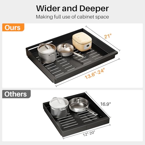 Pull out Cabinet Organizer, 2-Pack Expandable(13.6"-24") Silde out Drawers with Raising Pad for Framed Cabinets, Adjustable Full-Extension Adhesive Roll out Shelves for Kitchen Pantry Home Pot and Pan - color: Black, size: (13.6''-24'')Wide-21''Deep (2Pac