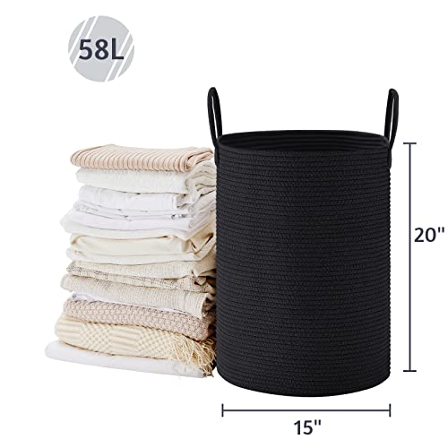 VIPOSCO Large Laundry Hamper, Tall Woven Rope Storage Basket for Blanket, Toys, Dirty Clothes in Living Room, Bathroom, Bedroom - 58L Black - color: Black, size: 58L