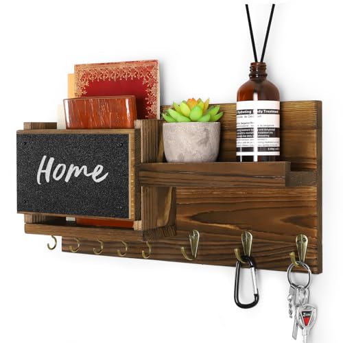 Decorative Key Hanging Rack with 8 Hooks – Easy Install Natural Wooden Key and Mail Holder for Wall Mount – Sunglasses Wallet Holder Entryway Decor with Shelf and Chalkboard (Brown) - color: Brown