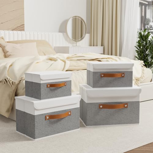 OUTBROS Storage Boxes, Collapsible Storage Bins with Lids, Cotton and linen cloth Storage Baskets with Handle, for Books, Closet, White/Grey, 3 Pack 10.2 x 7.9 x 6.7in - color: White/Grey, size: 10.2x7.9x6.7in(3-pack)