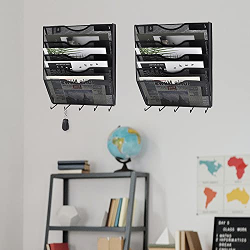 EASEPRES 5 Pocket Mesh Hanging File Organizer with Key Holder Hooks & Nametag Label, Wall Mounted Mail Paper Document Folder Storage Organization Magazine Rack for Office Cubicle, 5 Tier Black - color: Black, size: 5 Tier & Key Holder