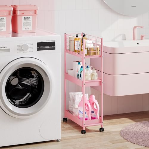 KINGRACK Slim Rolling Storage Cart 3 Tier - Heavy Duty Metal Utility Cart with Raised Edge & Wheels, Narrow Small Mobile Organizer Shelves for Bathroom, Kitchen, Laundry, Office, Living Room, Pink - color: Pink, size: 3-Tier