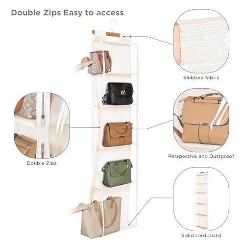 Syeeiex Hanging Handbag Purse Organizer with Zippers, 5 Mesh Shelves,Clear Slubbed Fabric+PVC Hanging Closet Bag Organizer, Dustproof Handbag Closet Tote Storage Bag for Door, Wardrobe, Beige - color: Beige-5 Shelves
