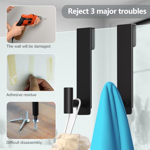 HUFEEOH Shower Towel Hooks, 7.5-Inch Extended Over Glass Shower Door Hanger for Towels & Robes, Rustproof Bathroom Towel Rack, 2-Pack (Black, T Shape) - color: Black, size: Fits 3/8" Thick Door - "T" Shape 2 Pack