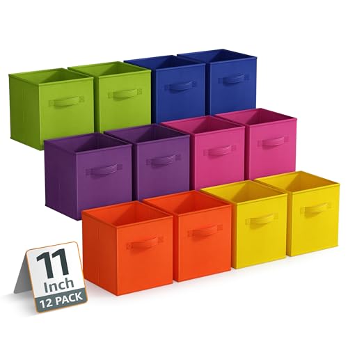 Sorbus 11 Inch Storage Bins - Sturdy Collapsible Fabric Storage Cubes with Handle - 12 Foldable Baskets for Organizing Clothes, Toys, Books - Storage Baskets for Shelves, Closets - color: 12 Pack Bright Rainbow, size: 11 Inch