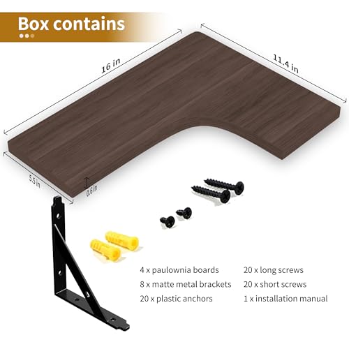 ROMGUAR CRAFT Corner Floating Shelves Wall Mounted Set of 4, Rustic Wood Storage Display Shelves for Home Decor, Bathroom, Kitchen, Bedroom, Living Room, Office (Brown) - color: Brown